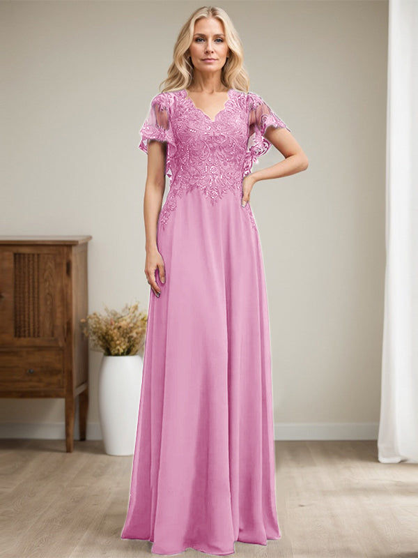 A-Linie V-Ausschnitt Bodenlanges Spitzen-Chiffon-Kleid für die Brautmutter mit Pailletten
