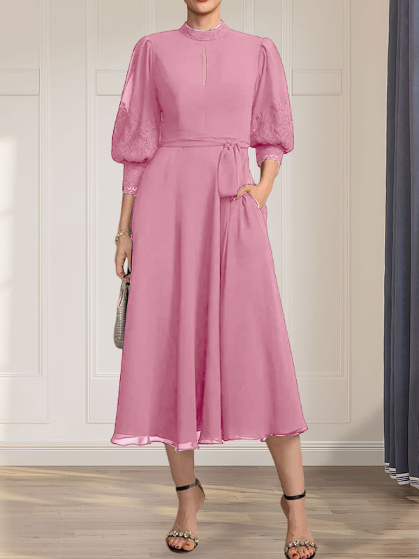 Vestido de gasa con encaje, cuello alto, largo hasta la rodilla, para madre de la novia con lazo