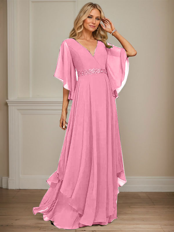 A-Linie V-Ausschnitt Bodenlang Chiffon Kleid für die Brautmutter mit Pailletten Applikationen Spitze Perlen