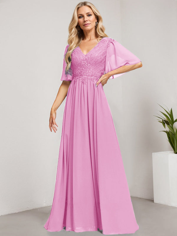 A-Linie V-Ausschnitt Bodenlanges Spitzen-Chiffon-Kleid für die Brautmutter mit Pailletten