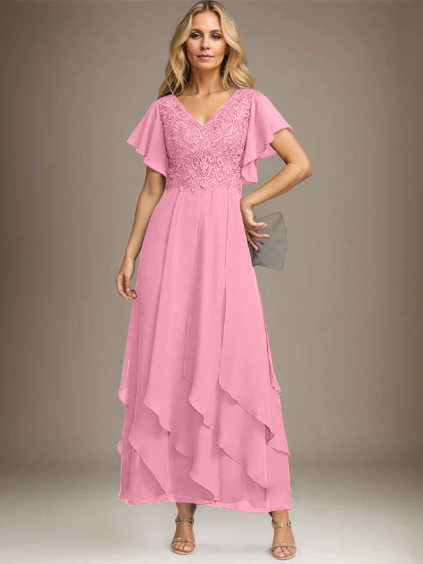 A-Linien-Kleid mit V-Ausschnitt, knöchellang, Spitzenchiffon und kaskadierenden Rüschen