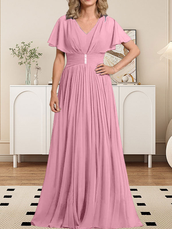 A-Linie V-Ausschnitt Bodenlang Chiffon Mutter der Braut Kleid Mit Kristall Brosche Plissee