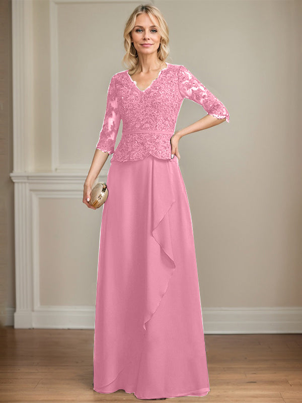 A-Linie, V-Ausschnitt, bodenlanges Chiffon-Kleid für die Brautmutter mit kaskadierenden Rüschen und Pailletten