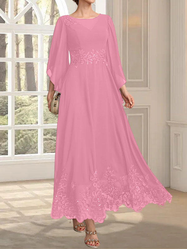 Vestido de gasa con encaje y lentejuelas para madre de la novia, corte A, escote ilusión, largo hasta los tobillos