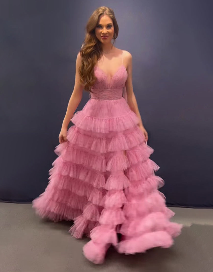 Roycebridal Ansley | Vestido de fiesta largo rosa con escote en A, tirantes finos y espalda descubierta con capas