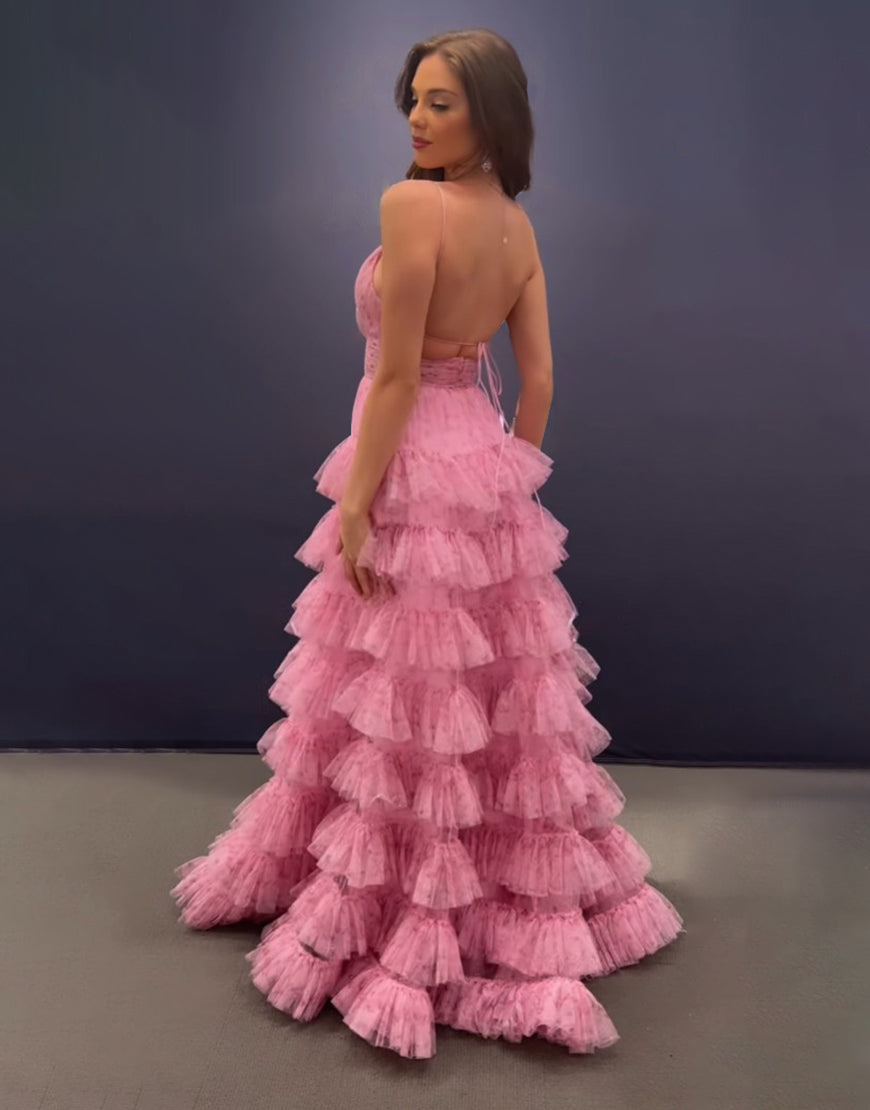 Roycebridal Ansley | Vestido de fiesta largo rosa con escote en A, tirantes finos y espalda descubierta con capas