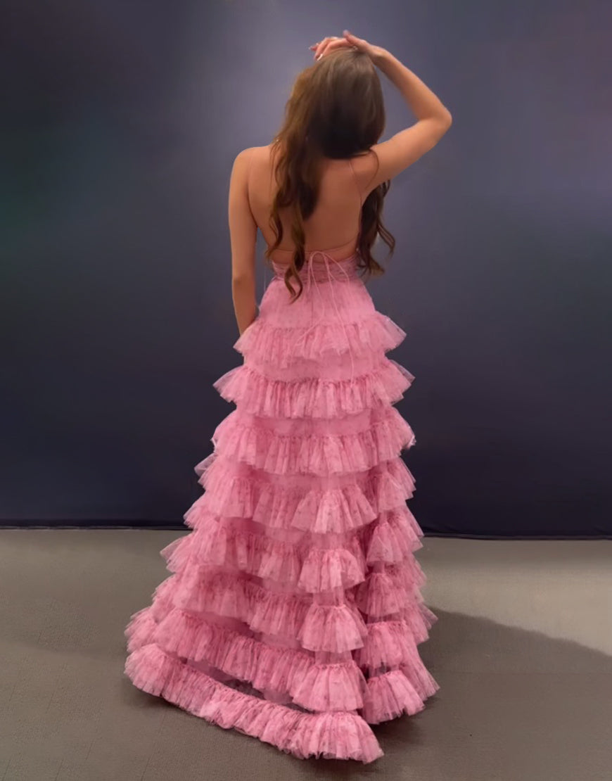 Roycebridal Ansley | Vestido de fiesta largo rosa con escote en A, tirantes finos y espalda descubierta con capas