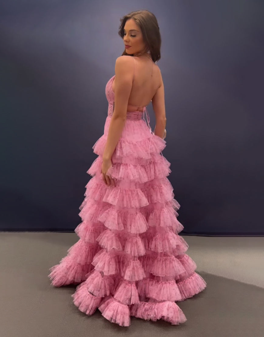 Roycebridal Ansley | Vestido de fiesta largo rosa con escote en A, tirantes finos y espalda descubierta con capas