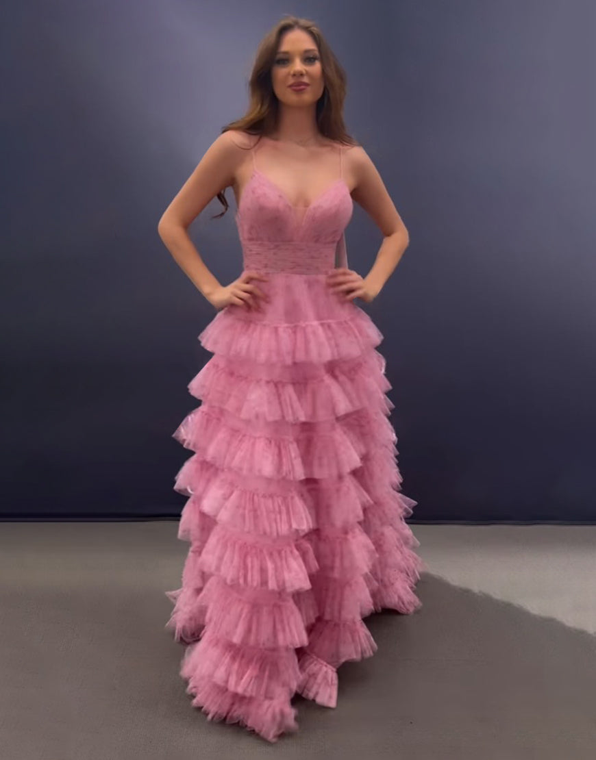 Roycebridal Ansley | Vestido de fiesta largo rosa con escote en A, tirantes finos y espalda descubierta con capas
