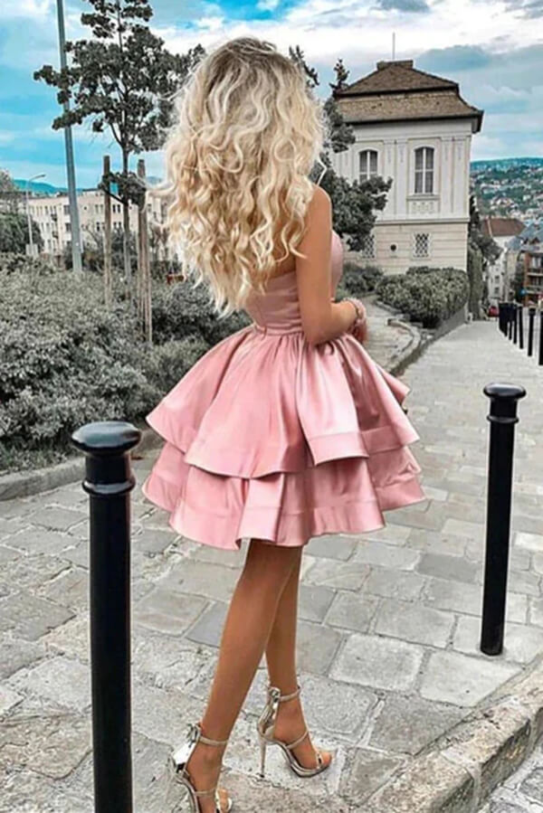 Pink Satin A-line One Shoulder Homecoming Dresses, Short Party Dresses