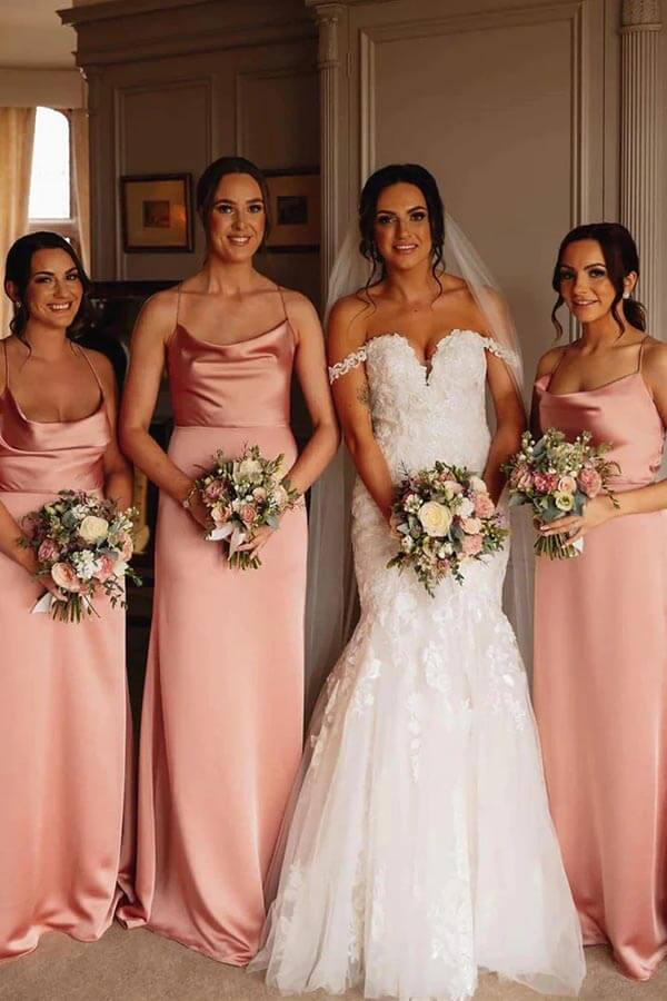 Rosa Seidensatin Bodenlange Brautjungfernkleider, Hochzeitspartykleider