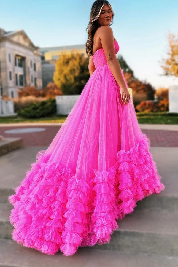 Vestidos de fiesta largos de tul con escote en forma de corazón rosa, vestidos de princesa