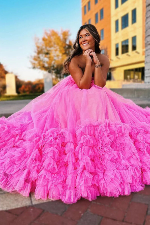 Vestidos de fiesta largos de tul con escote en forma de corazón rosa, vestidos de princesa
