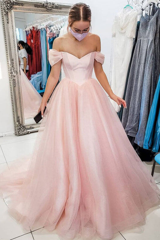 Tüll A-Linie Schulterfrei Lange Ballkleider, Abendkleid mit Schleppe