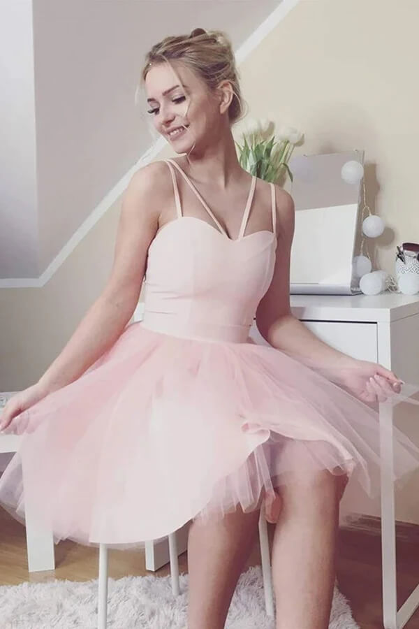 Pink Tulle A-line Sweetheart Short Homecoming Dresses, Graduation Dresses