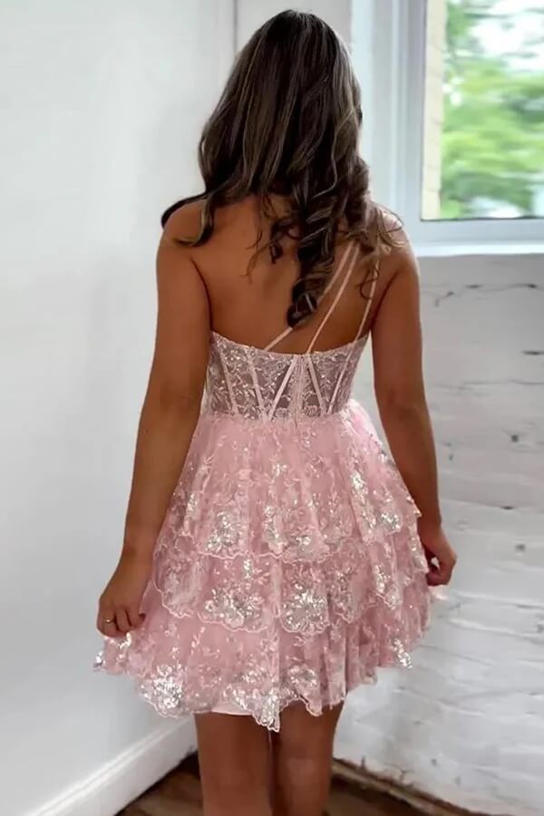 Pink Tulle One Shoulder Lace Appliques Short Homecoming Dresses