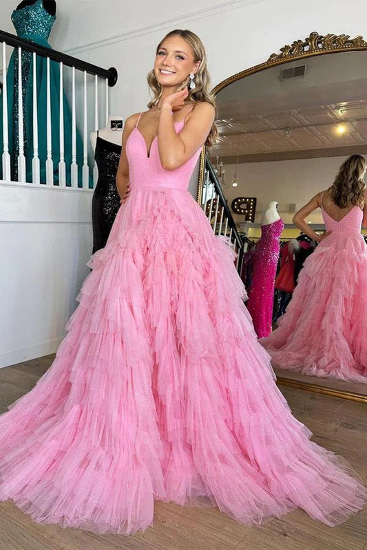 Vestido de fiesta largo con escote en V, cintura imperio, capas y volantes en color rosa