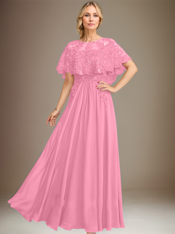 Vestido de madre de la novia de gasa con encaje, escote barco, largo hasta el suelo, con apliques de lentejuelas