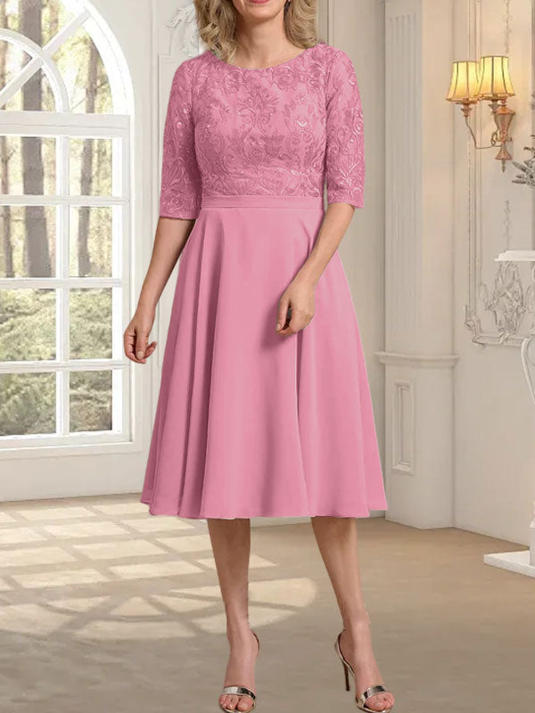 A-line Scoop Knee-Length Lace Chiffon Mother of the Bride Dress