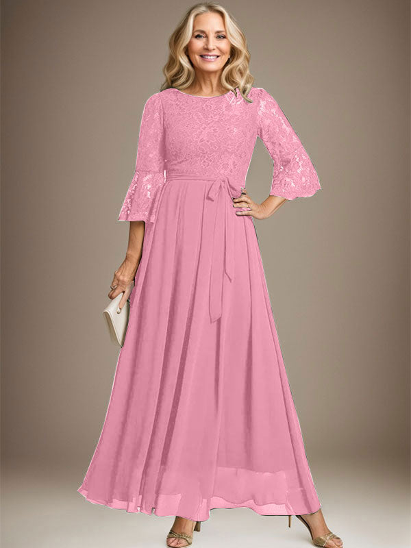 Vestido de gasa con encaje y lazo para madre de la novia, corte A, escote redondo hasta los tobillos