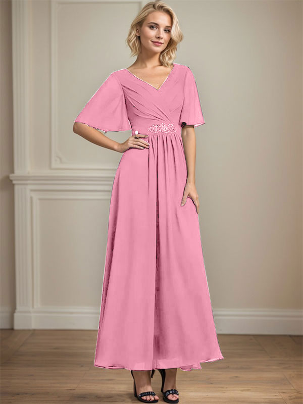 A-Linien-Kleid aus Chiffon mit V-Ausschnitt und Knöchellänge für die Brautmutter mit plissierten Perlen und Pailletten