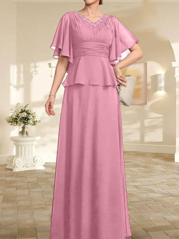 A-Linie, V-Ausschnitt, bodenlanges Chiffonkleid für die Brautmutter mit plissierter Perlenstickerei