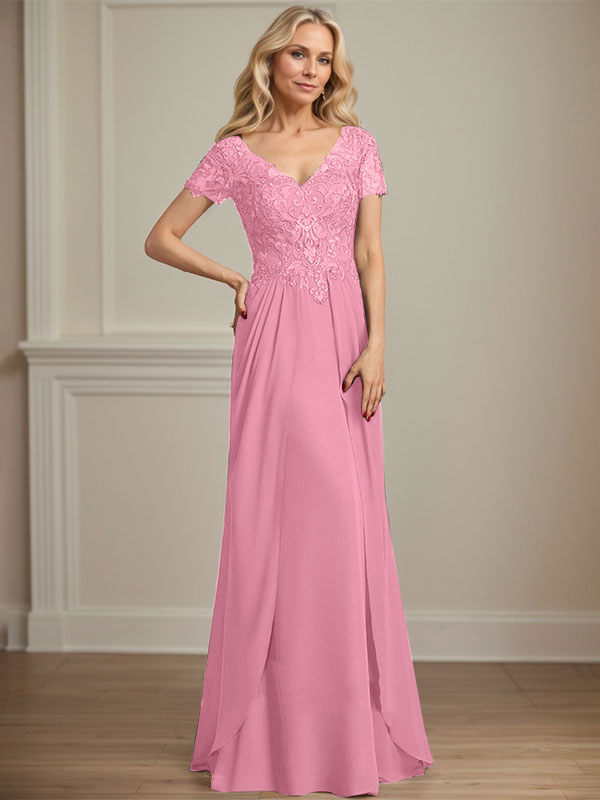 A-Linie V-Ausschnitt Bodenlanges Chiffon-Spitzenkleid für die Brautmutter
