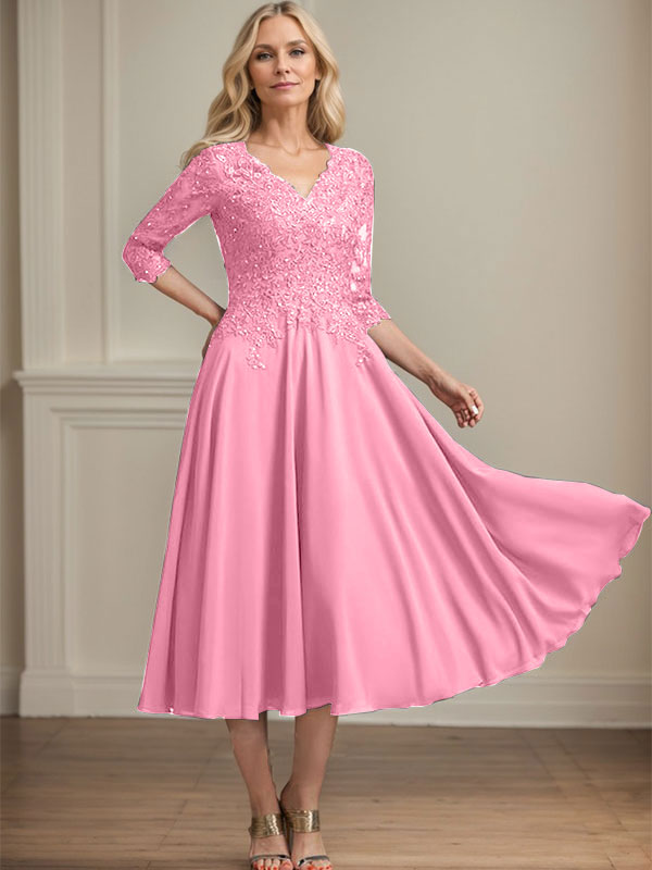 A-Linie, V-Ausschnitt, knielang, Chiffon, Spitze, Kleid für die Brautmutter mit Perlen und Pailletten