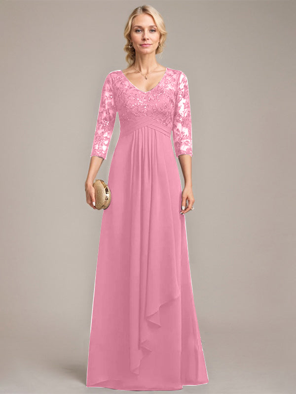 A-Linie, V-Ausschnitt, bodenlanges Chiffon-Kleid für die Brautmutter mit kaskadierenden Rüschen und Pailletten