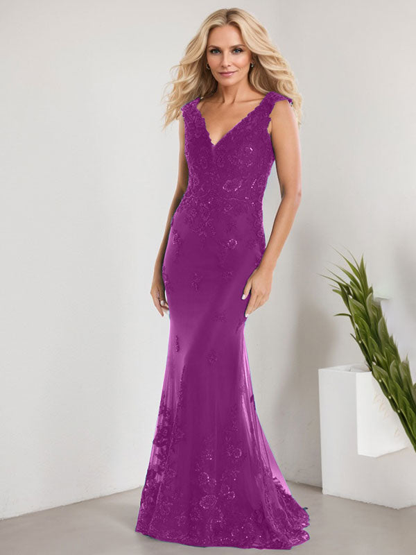 A-Linie V-Ausschnitt Bodenlang Spitze Chiffon Mutter der Braut Kleid Mit Applikation Pailletten Meerjungfrau Kleider