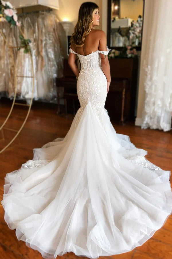 Plunging Neckline Ivory Off-the-Shoulder Mermaid Wedding Dress