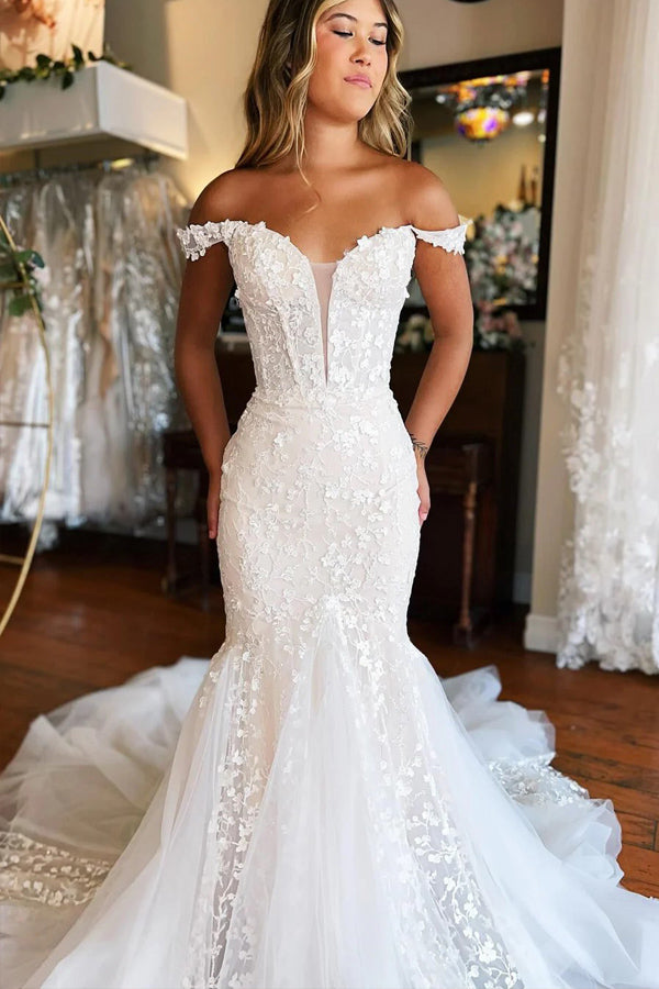 Plunging Neckline Ivory Off-the-Shoulder Mermaid Wedding Dress
