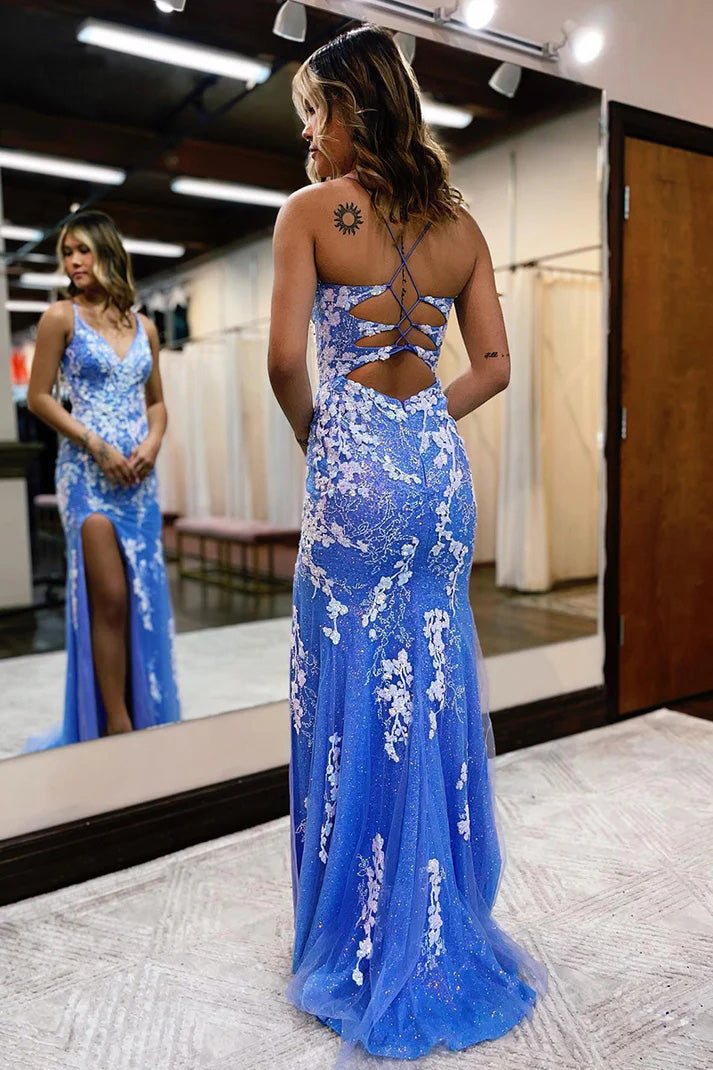 Vestido de fiesta de sirena con escote en V pronunciado, apliques de encaje y abertura