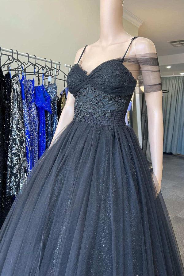 Vestido de fiesta largo negro de tul con hombros descubiertos y escote corazón de princesa