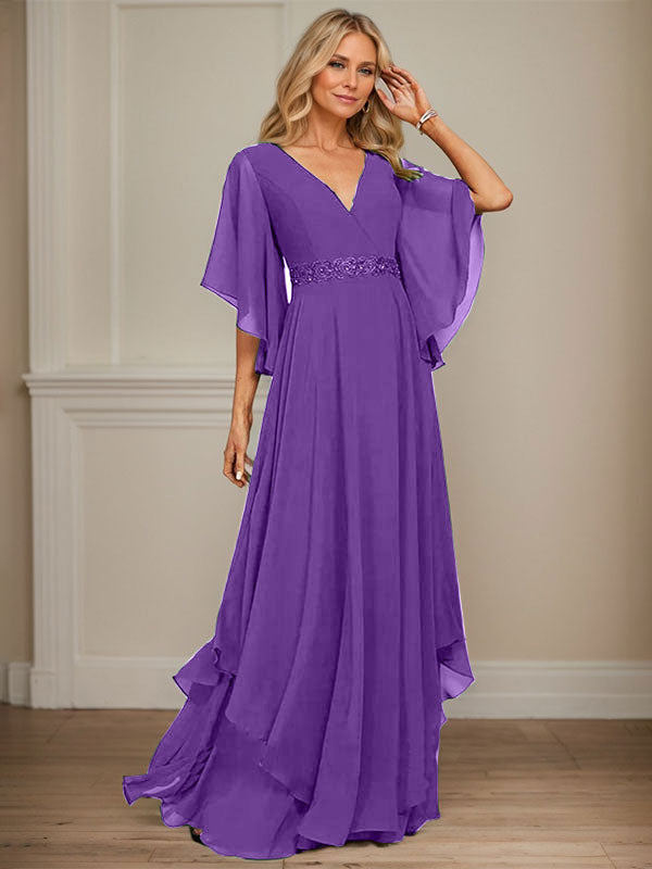 A-Linie V-Ausschnitt Bodenlang Chiffon Kleid für die Brautmutter mit Pailletten Applikationen Spitze Perlen