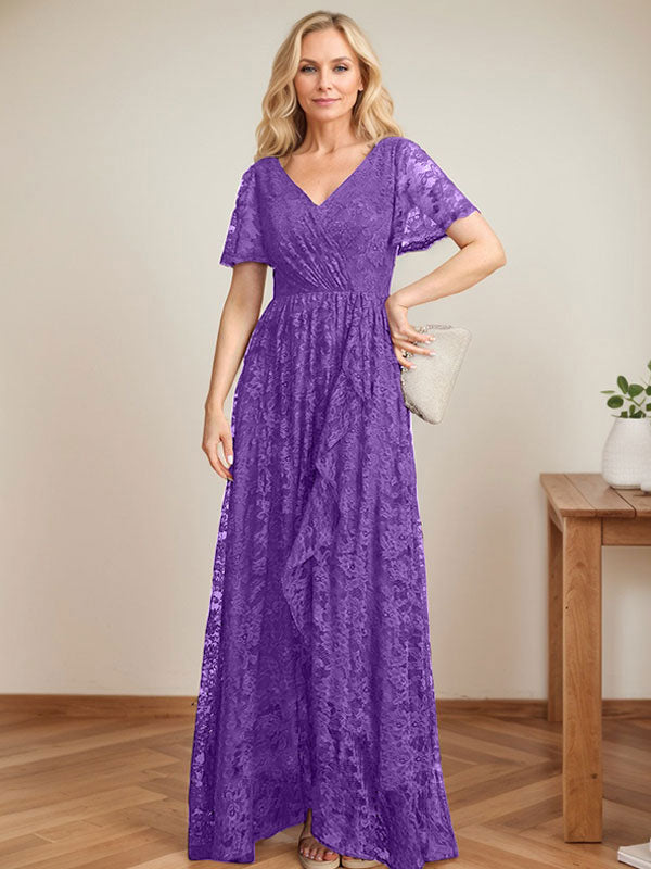 A-Linien-Kleid mit V-Ausschnitt, asymmetrischer Spitze für die Brautmutter mit kaskadierenden Rüschen