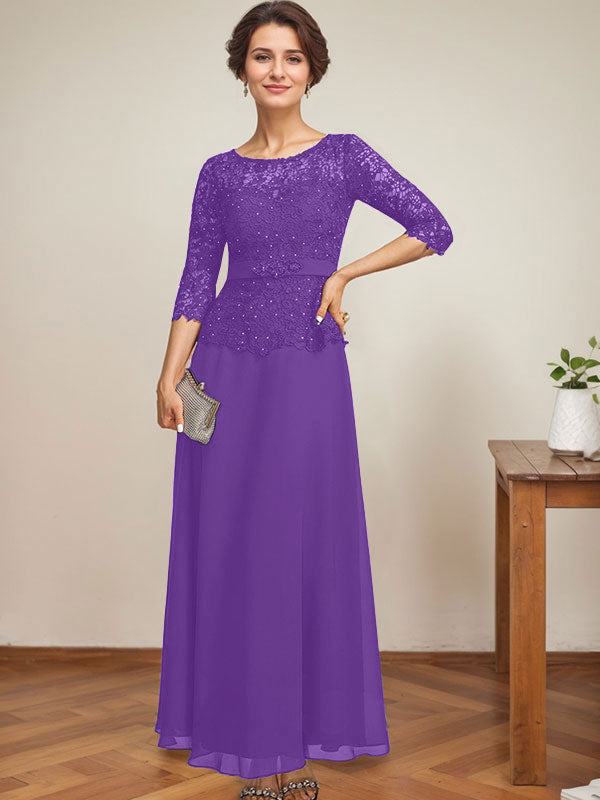 Vestido de gasa con encaje y escote en A, ilusión, largo hasta los tobillos, para madre de la novia con cuentas de diamantes de imitación