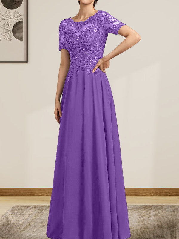 Vestido de gasa con encaje y lentejuelas para madre de la novia, largo hasta el suelo, con escote en A y ilusión