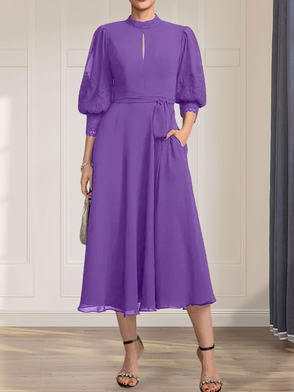 Vestido de gasa con encaje, cuello alto, largo hasta la rodilla, para madre de la novia con lazo