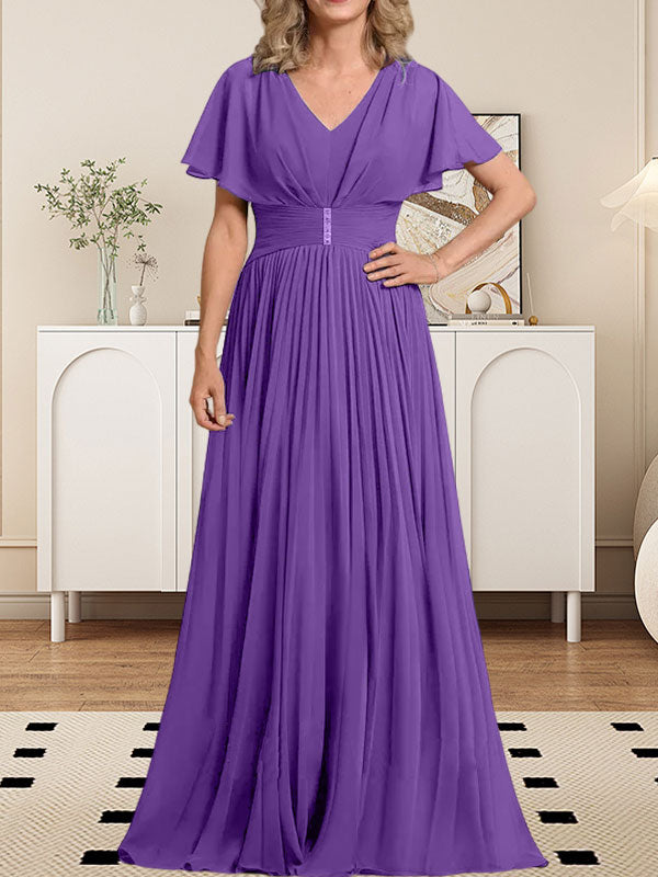 A-Linie V-Ausschnitt Bodenlang Chiffon Mutter der Braut Kleid Mit Kristall Brosche Plissee