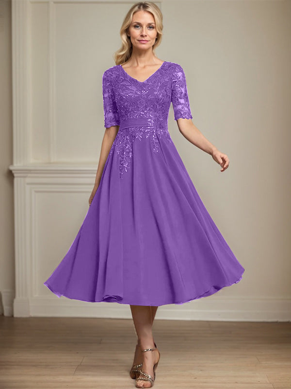 A-Linie V-Ausschnitt Wadenlanges Spitzen-Chiffon-Kleid für die Brautmutter mit Pailletten