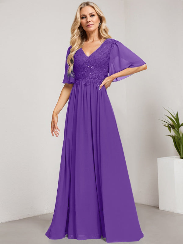 A-Linie V-Ausschnitt Bodenlanges Spitzen-Chiffon-Kleid für die Brautmutter mit Pailletten