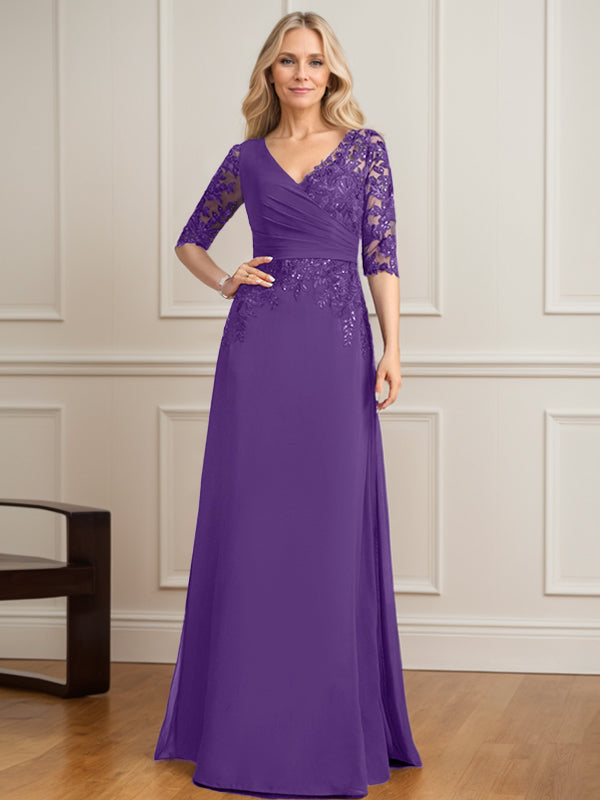 A-Linie, V-Ausschnitt, bodenlanges Spitzen-Chiffon-Kleid für die Brautmutter mit plissierten Pailletten