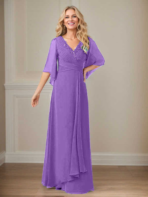 A-Linie V-Ausschnitt Lange Pailletten Chiffon Mutterkleid