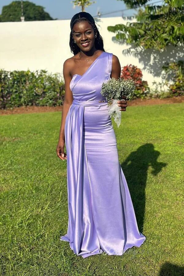 Purple Satin Mermaid One Shoulder Floor Length Bridesmaid Dresses
