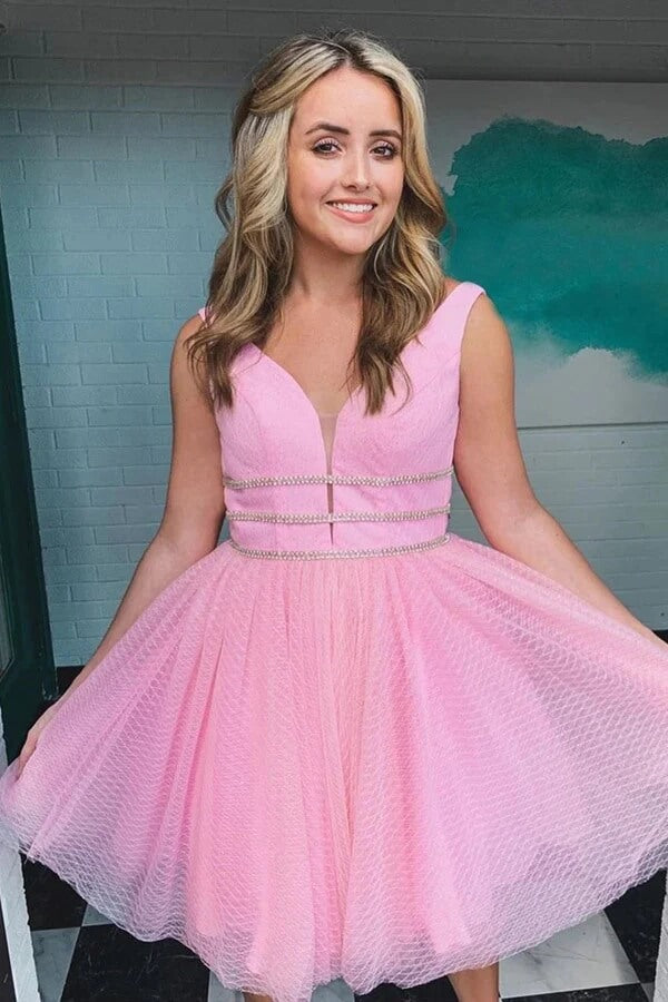 Purple Tulle A-line Short Homecoming Dresses With Belt, Graduation Dress