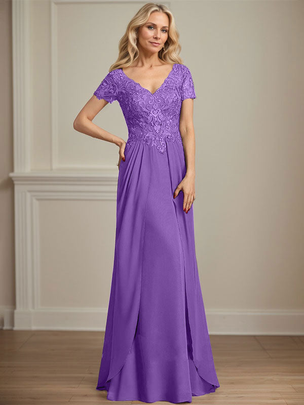 A-Linie V-Ausschnitt Bodenlanges Chiffon-Spitzenkleid für die Brautmutter