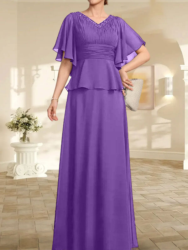 A-Linie, V-Ausschnitt, bodenlanges Chiffonkleid für die Brautmutter mit plissierter Perlenstickerei