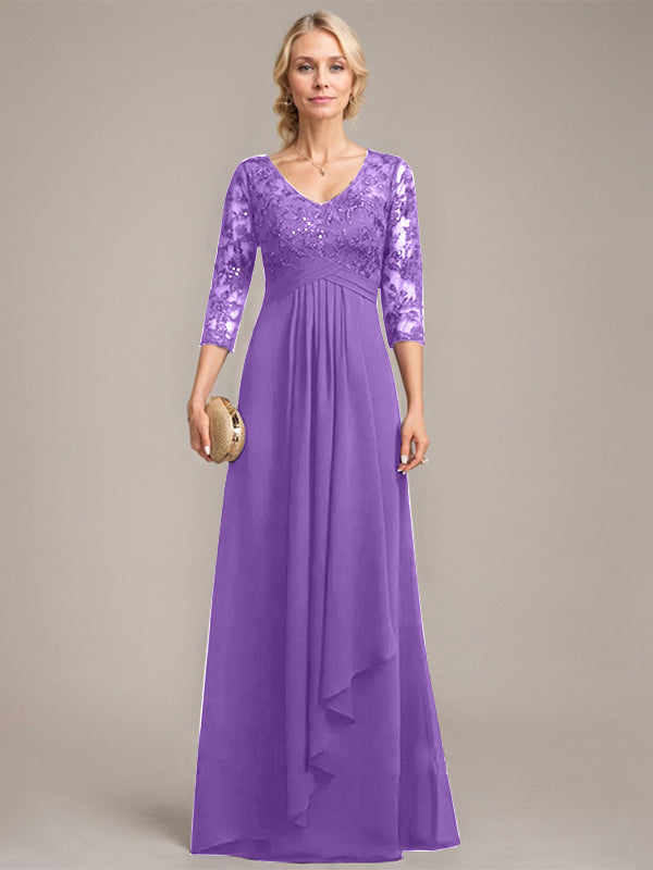 A-Linie, V-Ausschnitt, bodenlanges Chiffon-Kleid für die Brautmutter mit kaskadierenden Rüschen und Pailletten