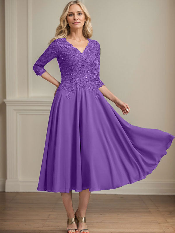 A-Linie, V-Ausschnitt, knielang, Chiffon, Spitze, Kleid für die Brautmutter mit Perlen und Pailletten